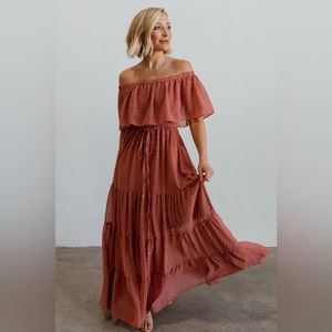 Baltic born pink Swiss dot off the shoulder maxi dress, never worn tags still on